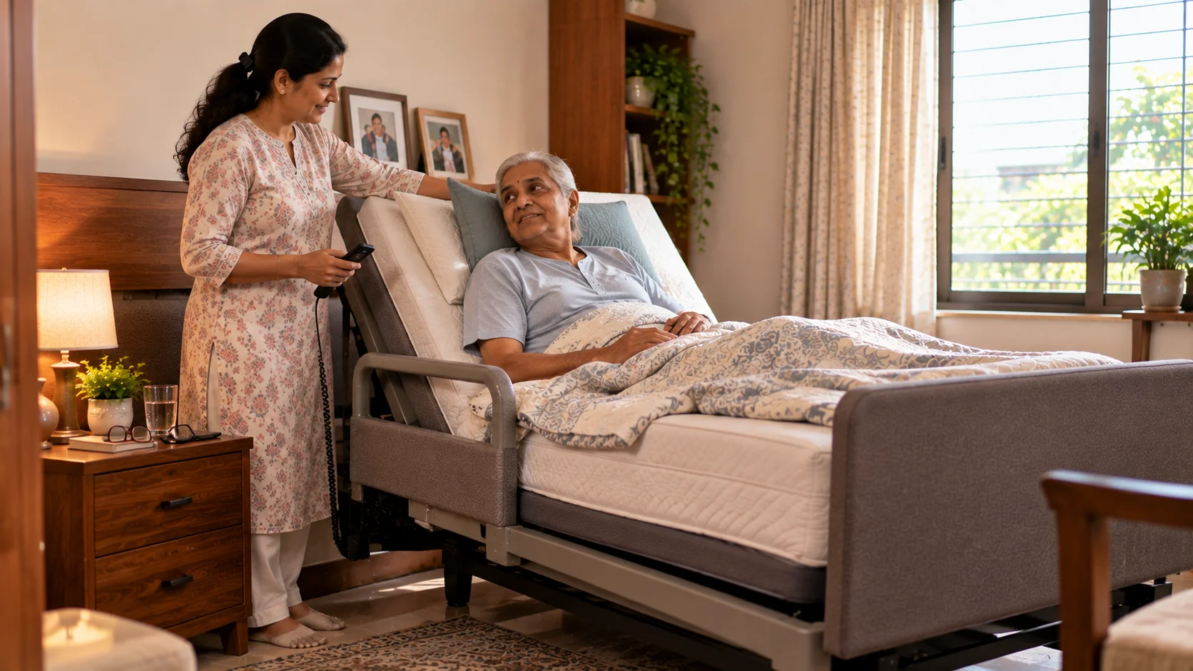 Caregiver using an electric bed remote to reposition an elderly patient at home.
