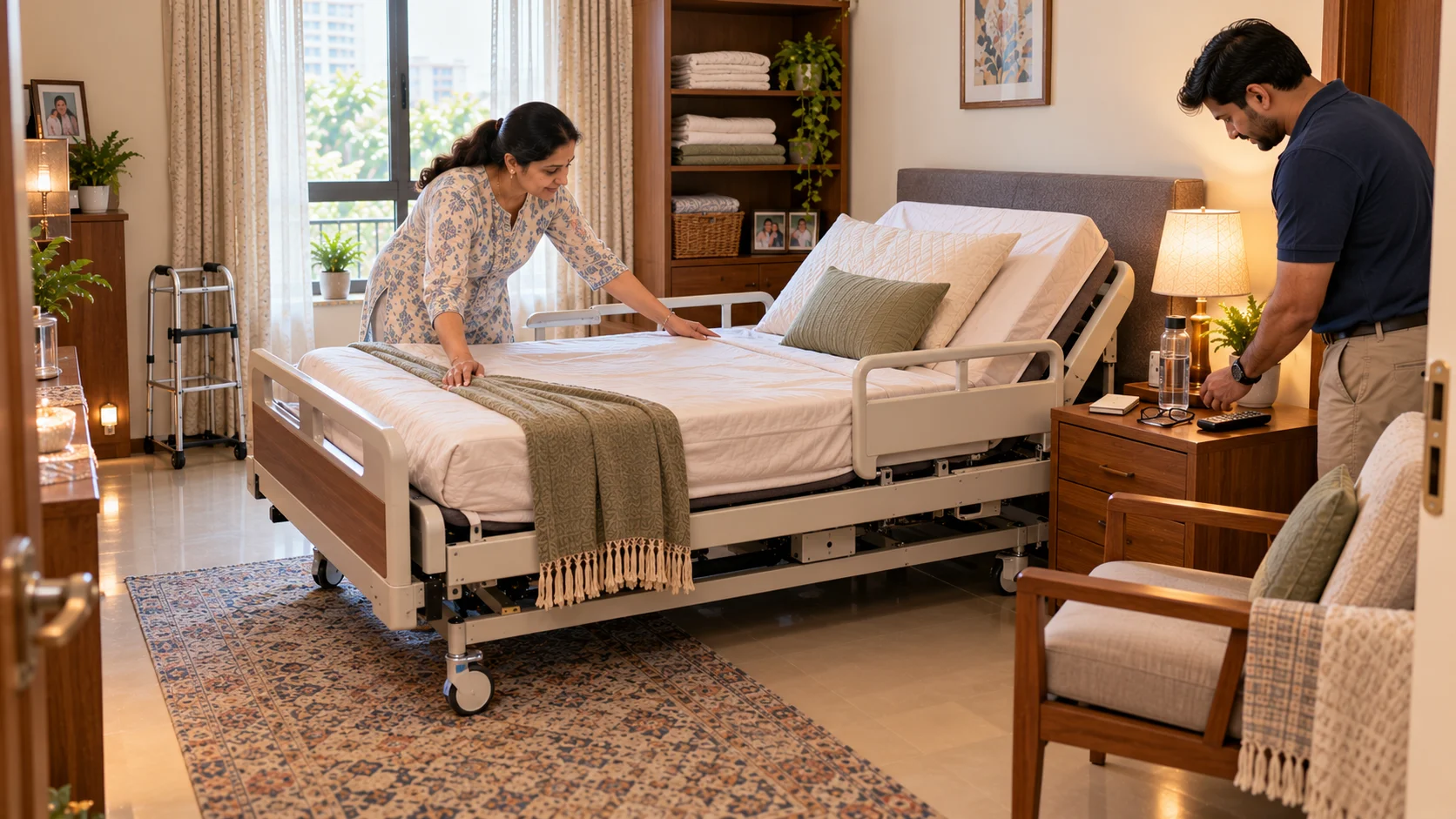 Caregivers preparing a hospital bed at home before patient discharge.