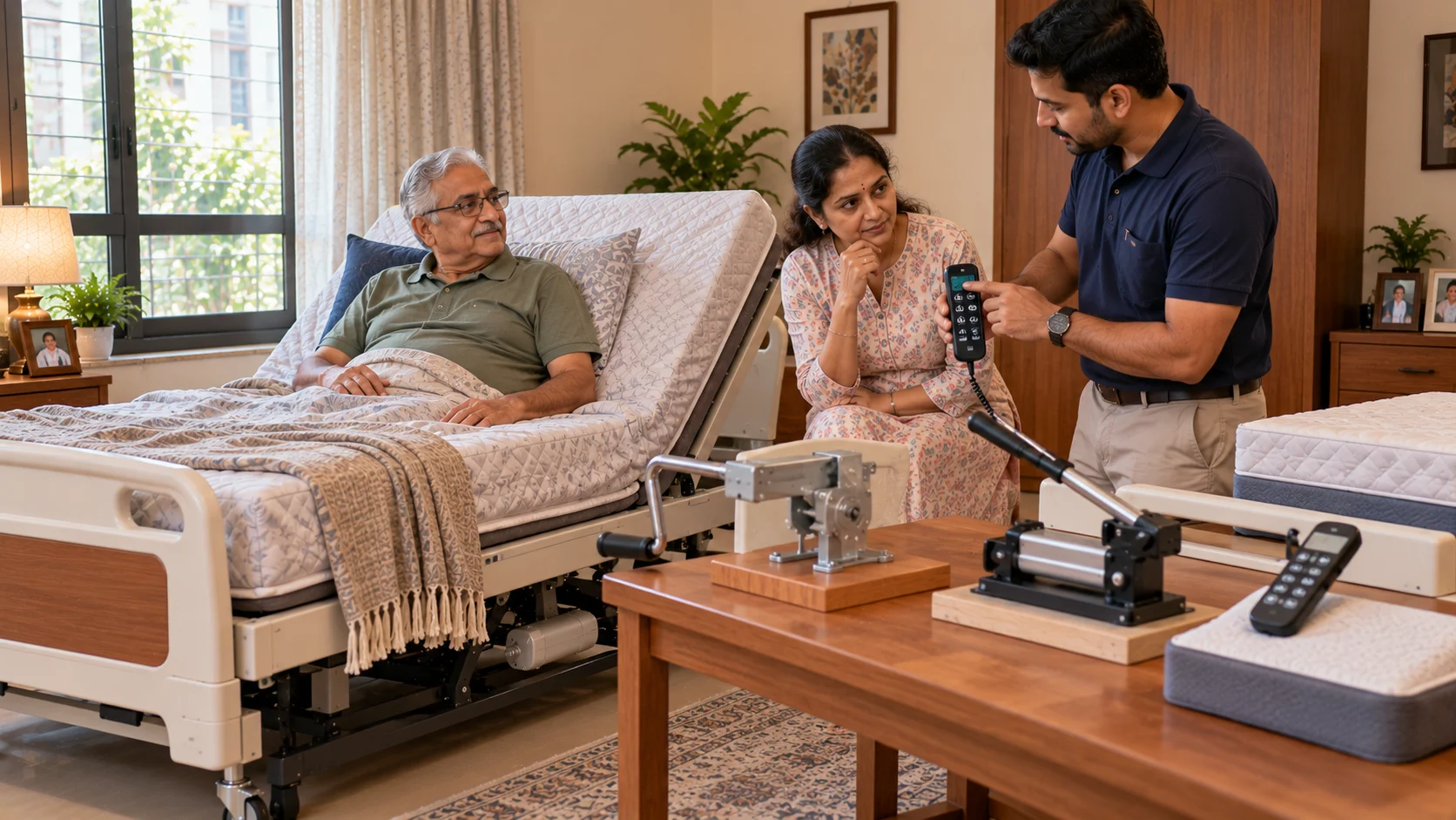Comparing manual, hydraulic, and electric patient bed types.