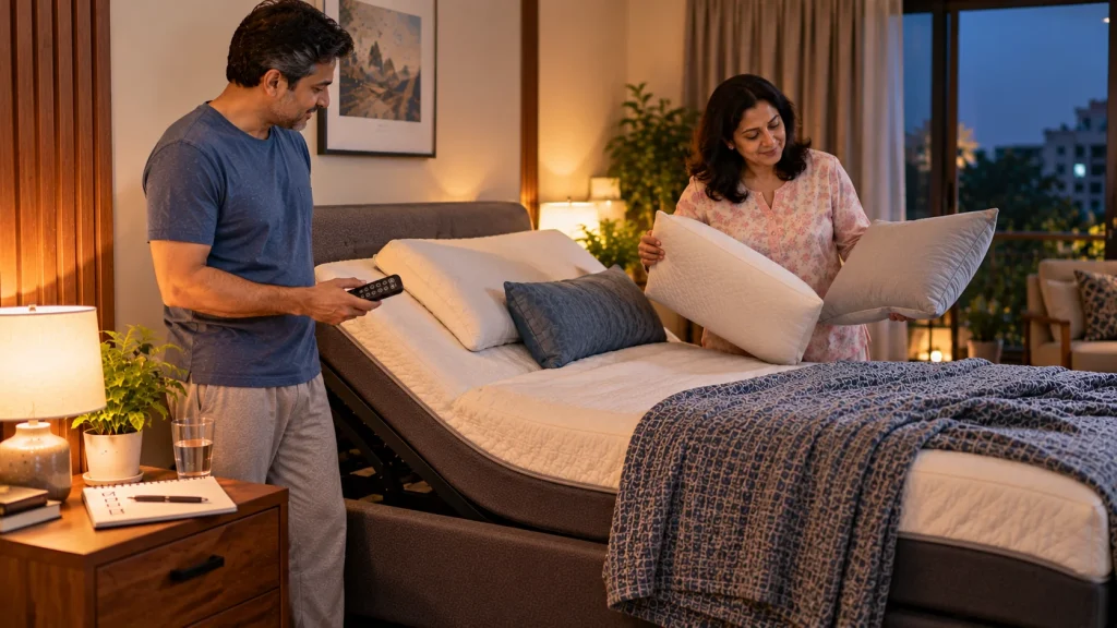 Couple adjusting pillows on a new adjustable bed during the first 30 days of use