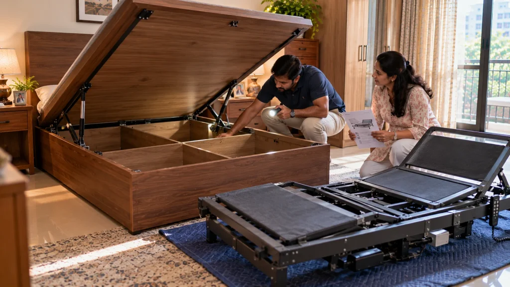 Couple inspecting a storage bed for conversion to an adjustable bed.