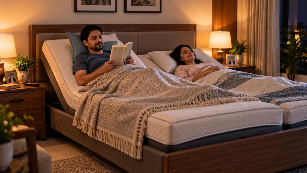 Couple using adjustable beds to accommodate different sleeping preferences.