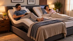 Couple using separate adjustable bed positions for back pain and snoring support