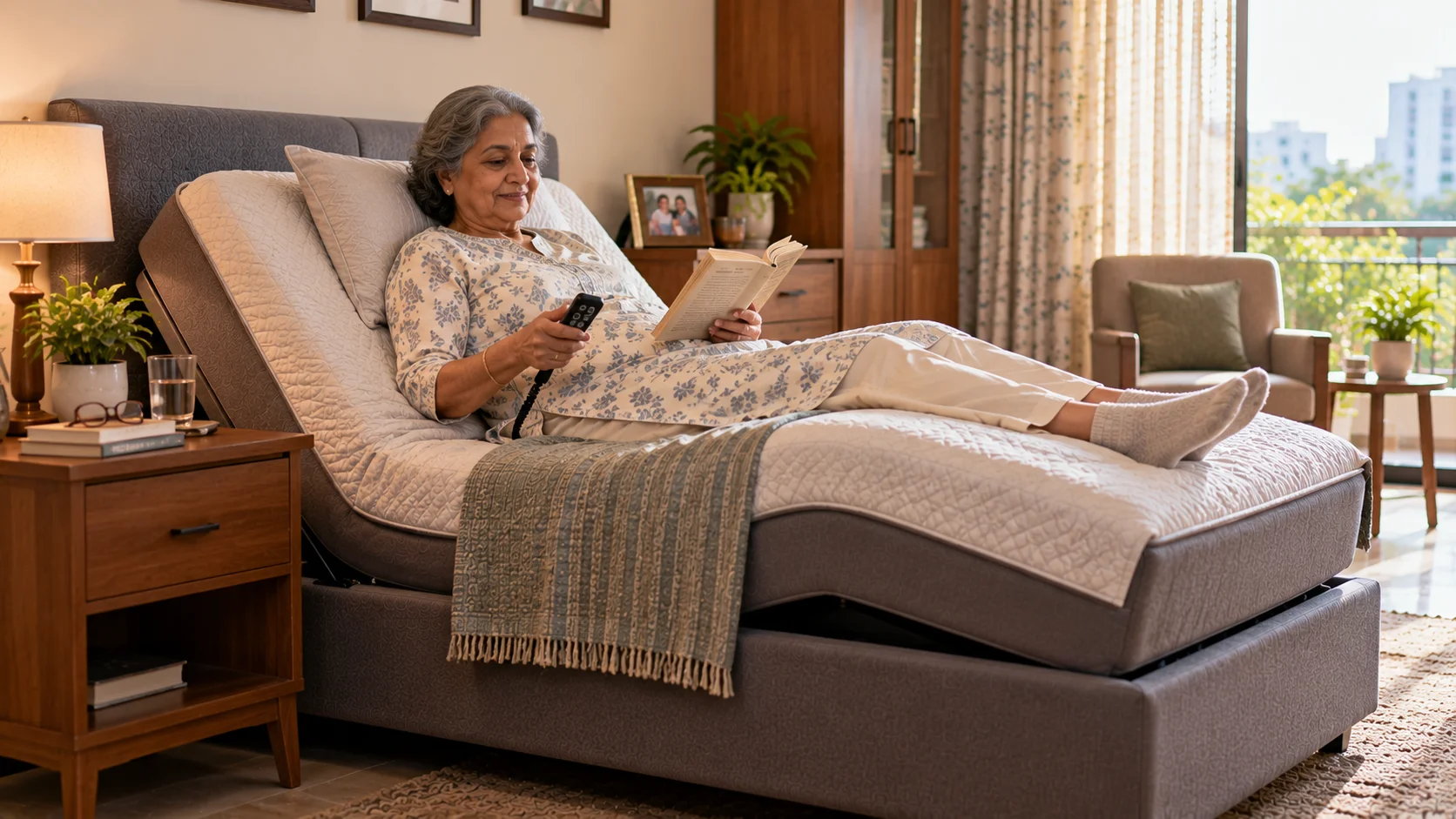 Elderly woman reading comfortably on a motorised recliner bed with adjustable back support and remote control.