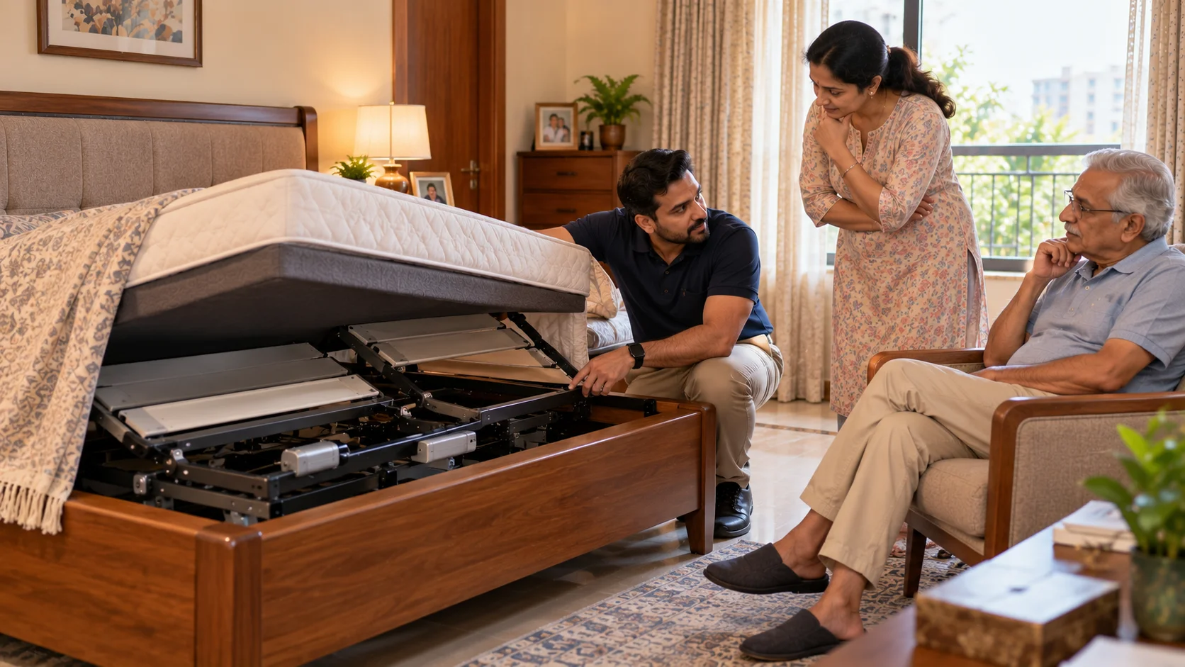Family inspecting a recliner bed mechanism before comparing features and prices.