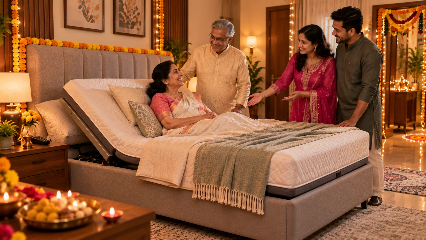 Family presenting an adjustable bed as a Diwali gift for parents.