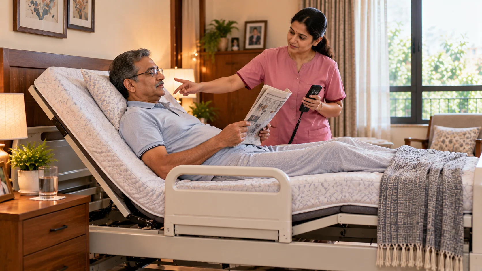 Fowler’s position on a hospital bed with an elevated backrest.