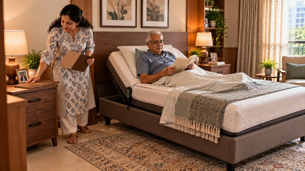 Home care adjustable bed with bedroom-friendly design and caregiver assistance.