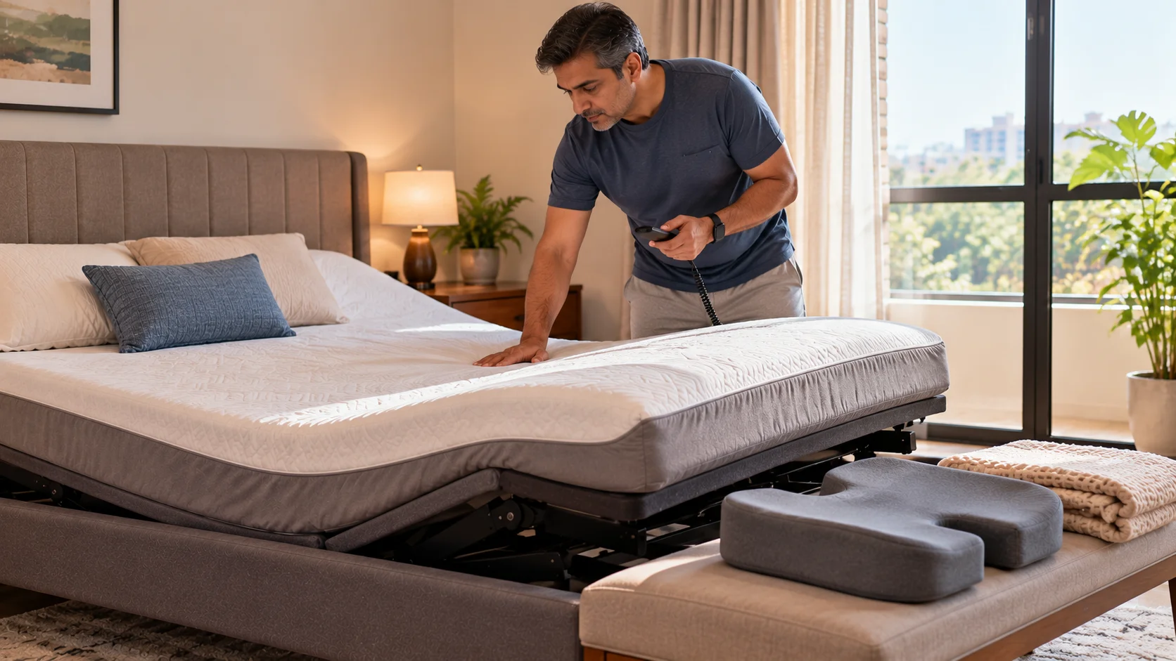 Man adjusting an adjustable bed for tailbone pain and coccydynia relief