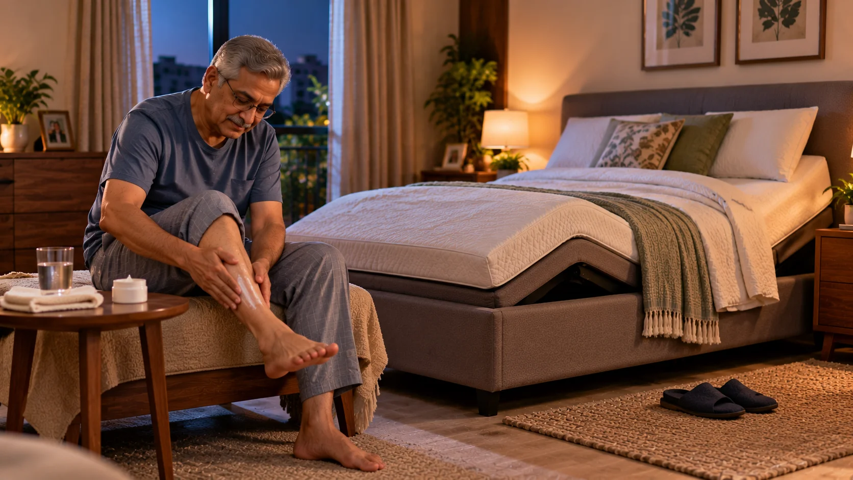 Man applying skin care lotion to his swollen leg beside an adjustable bed for lymphedema management