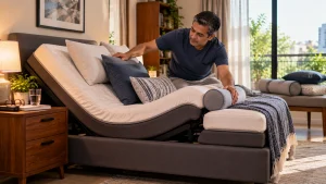 Man arranging pillows and a bolster on an adjustable bed for customized support