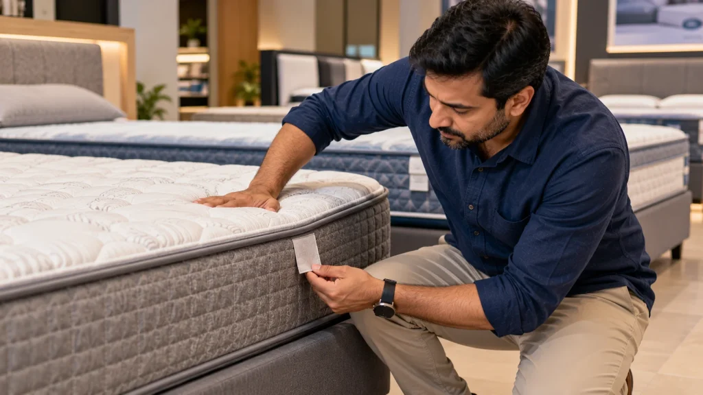 Man checking a mattress label in a showroom to understand orthopedic bed mattress features before buying.