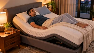 Man resting on an adjustable bed with elevated back and knees for piriformis syndrome sleep support