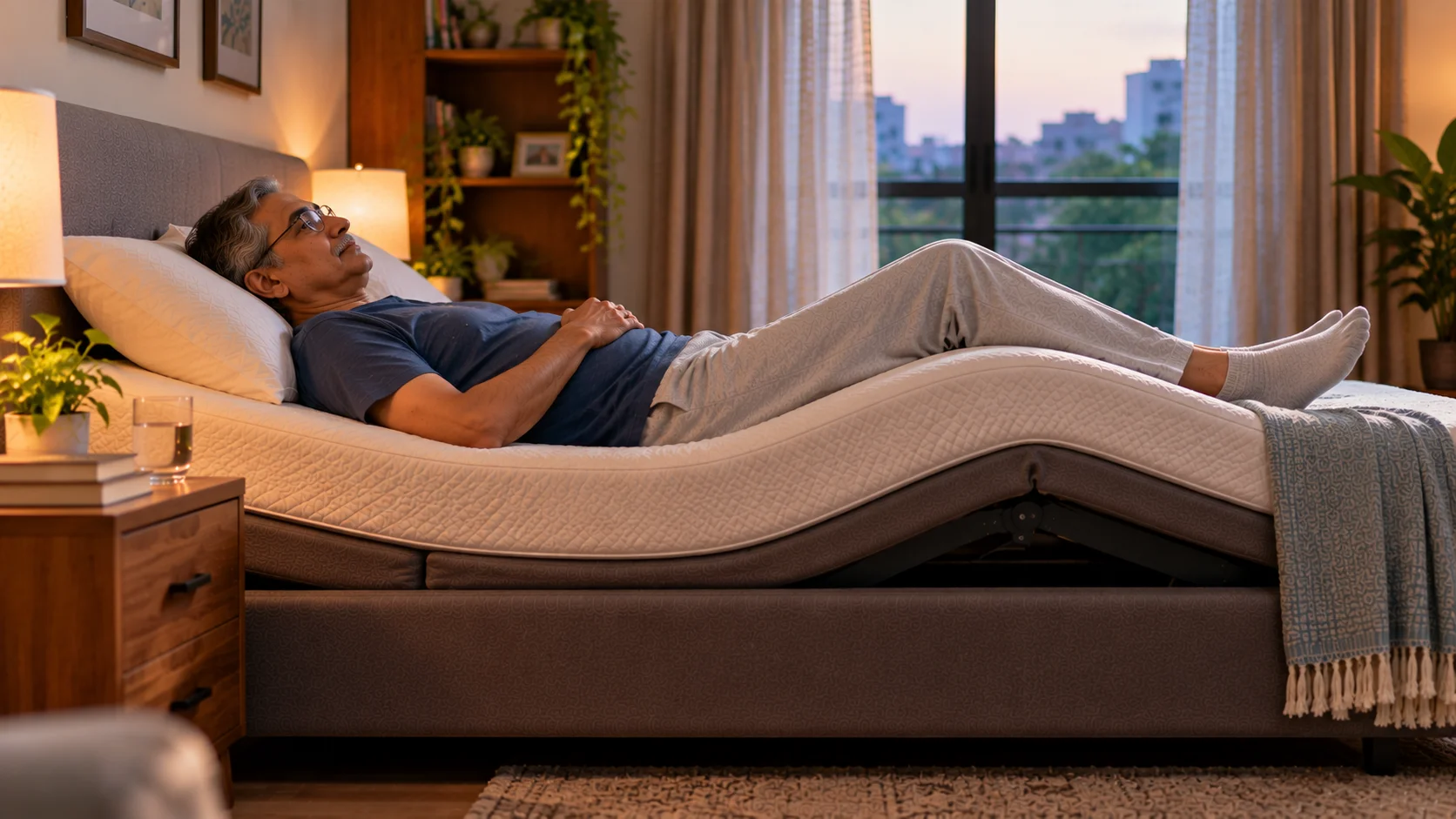 Man resting on an adjustable bed with elevated head and knees for spondylolisthesis sleep support