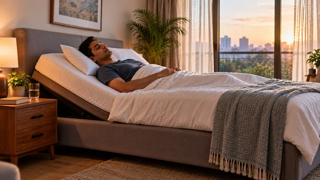 Man resting on an adjustable bed with elevated head support for POTS and orthostatic hypotension