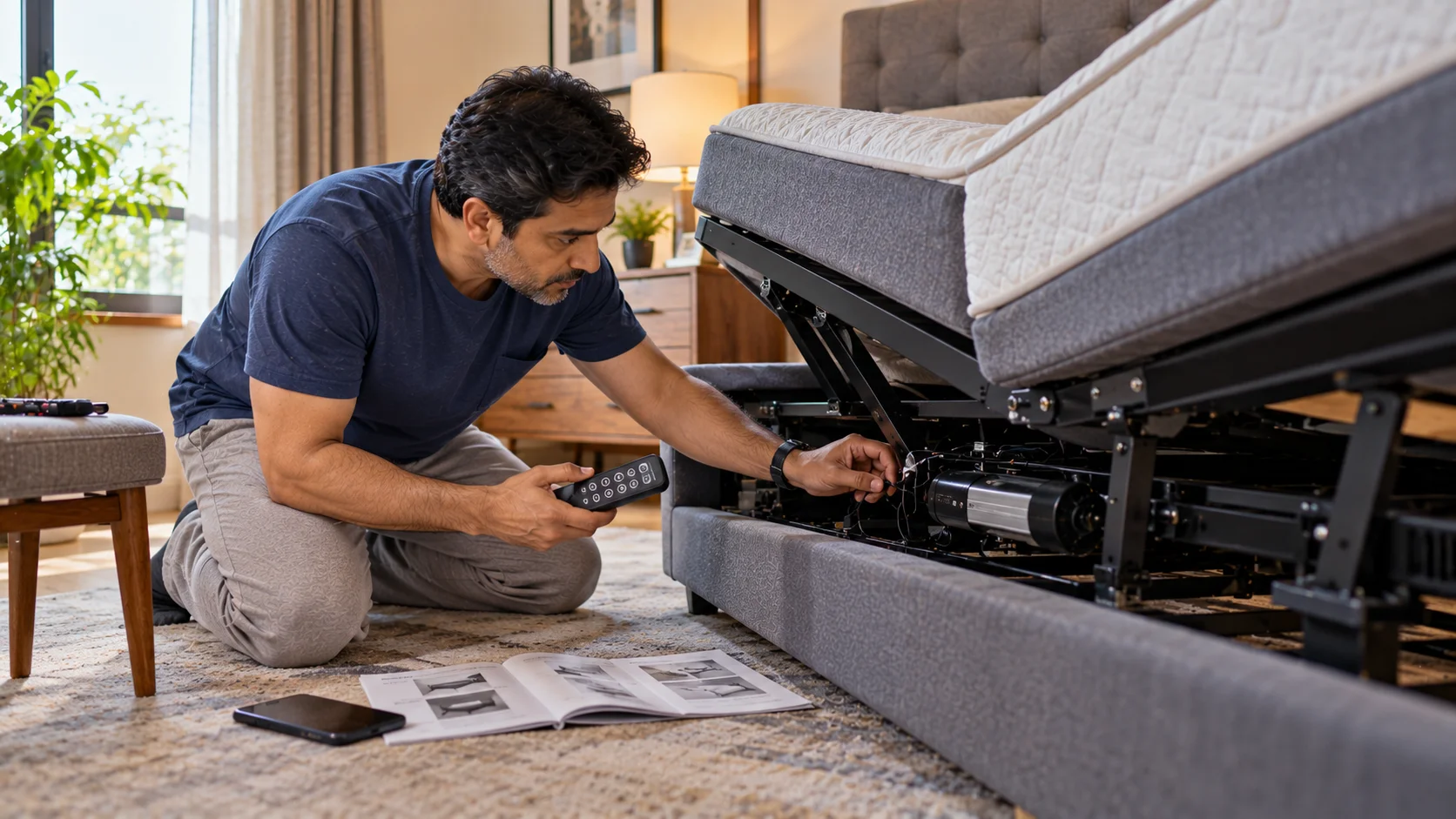Man troubleshooting the motor and wiring of an adjustable bed using a remote control.