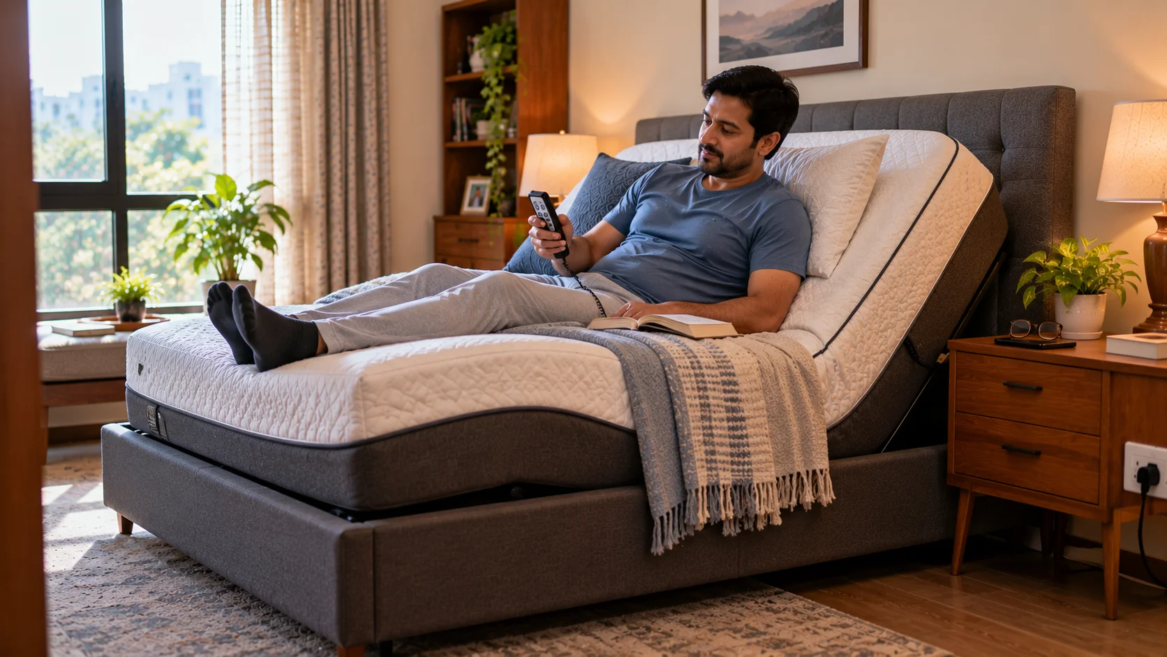 Man using a remote control to adjust an electric adjustable bed while relaxing and reading at home.