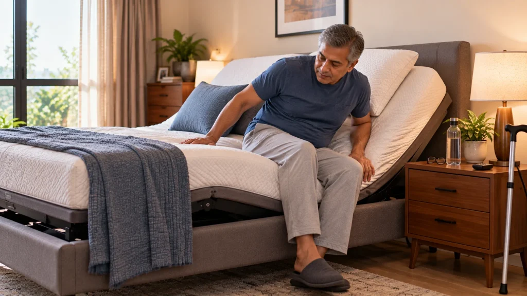 Man using an adjustable bed for comfortable positioning after abdominal surgery