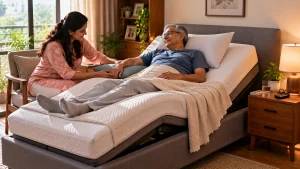 Older man resting on an elevated adjustable bed while a caregiver offers support during shoulder surgery recovery