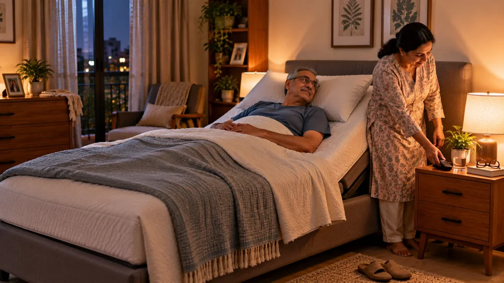 Older man resting with his upper body elevated on an adjustable bed during open-heart surgery recovery.