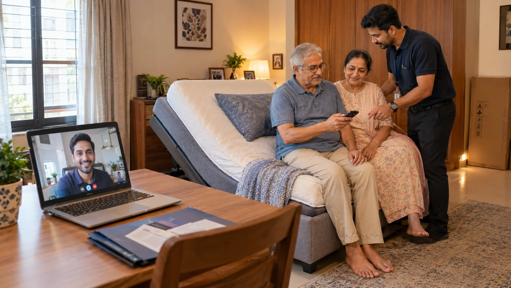 Older parents learning to use an electric adjustable bed remote with a representative.