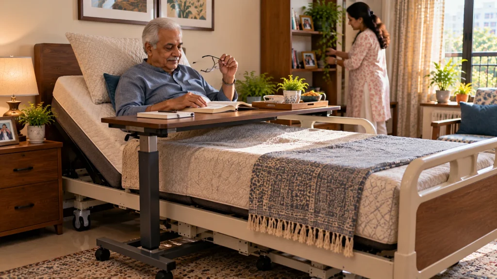 Older patient using an overbed table for reading and meals in a home hospital bed.