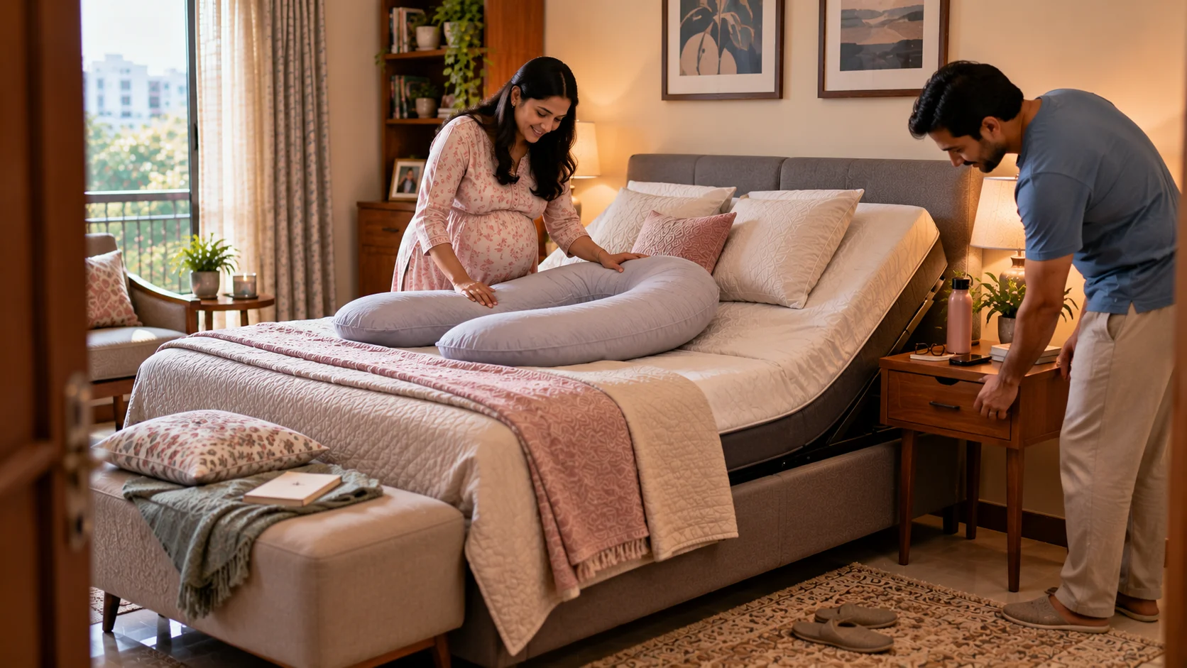 Pregnant woman arranging a maternity pillow on an adjustable bed for comfortable sleep during pregnancy.