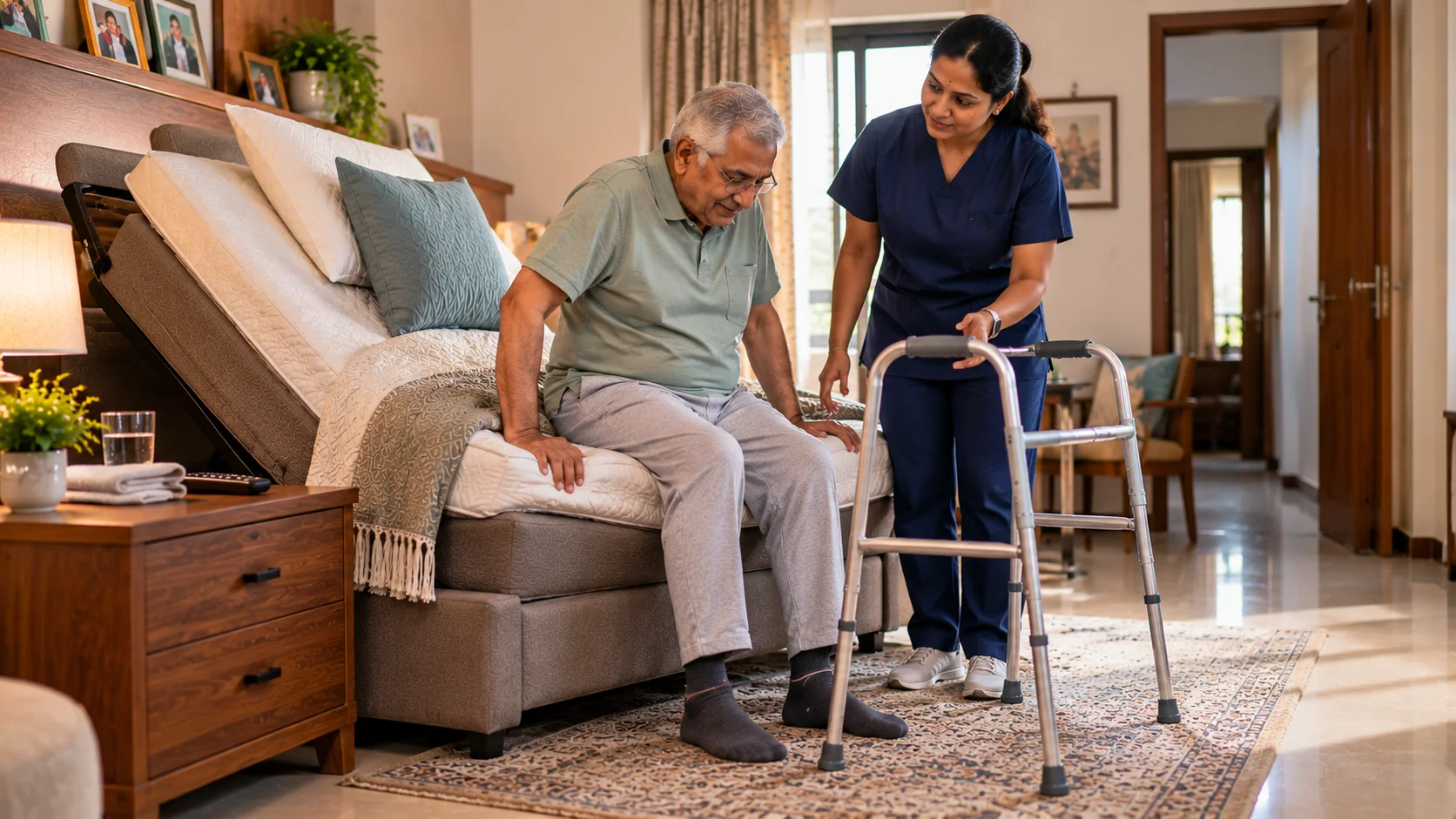Recliner bed helping seniors transfer safely after knee or hip replacement.