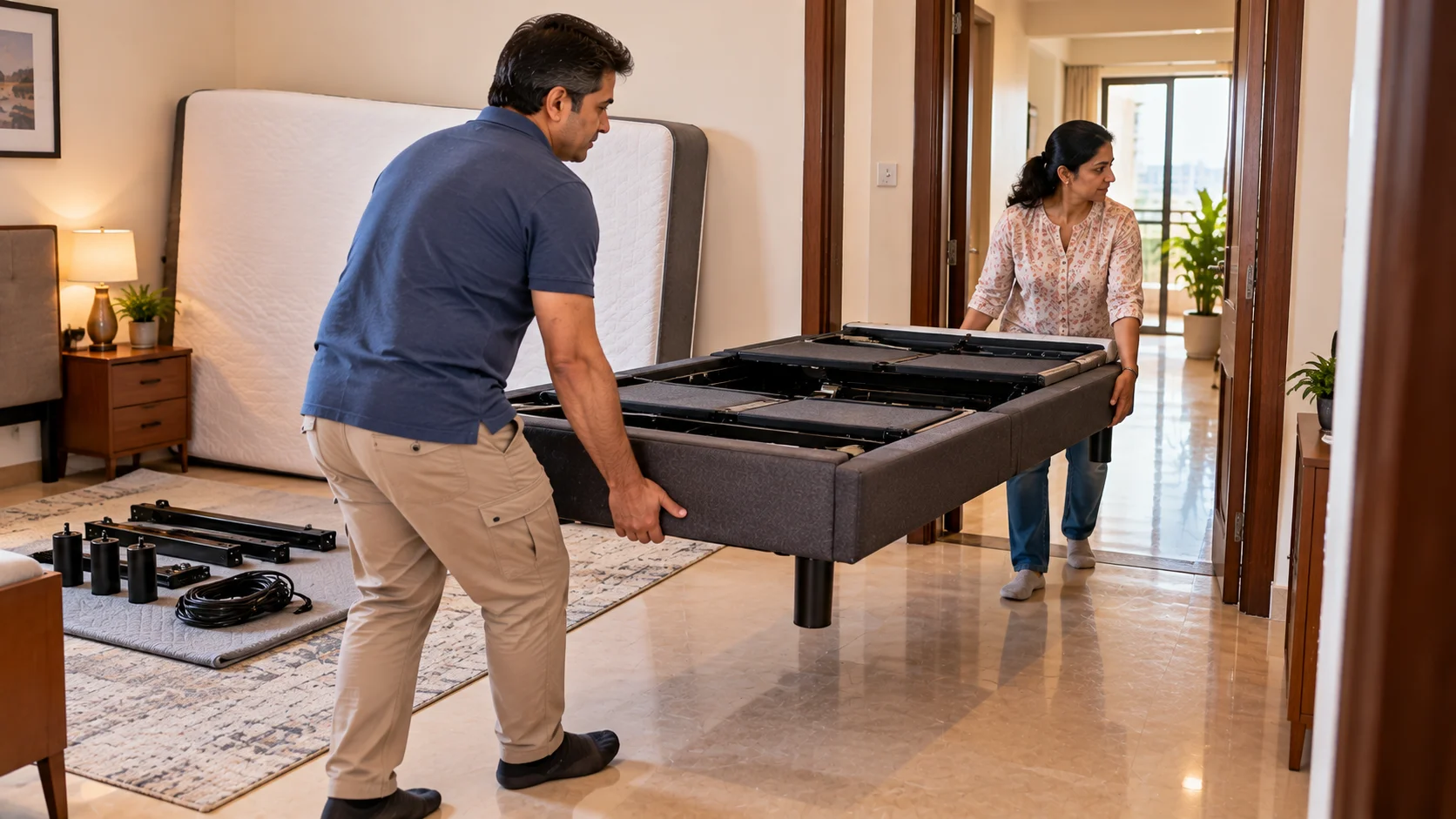 Safely moving and relocating an adjustable bed frame through a doorway