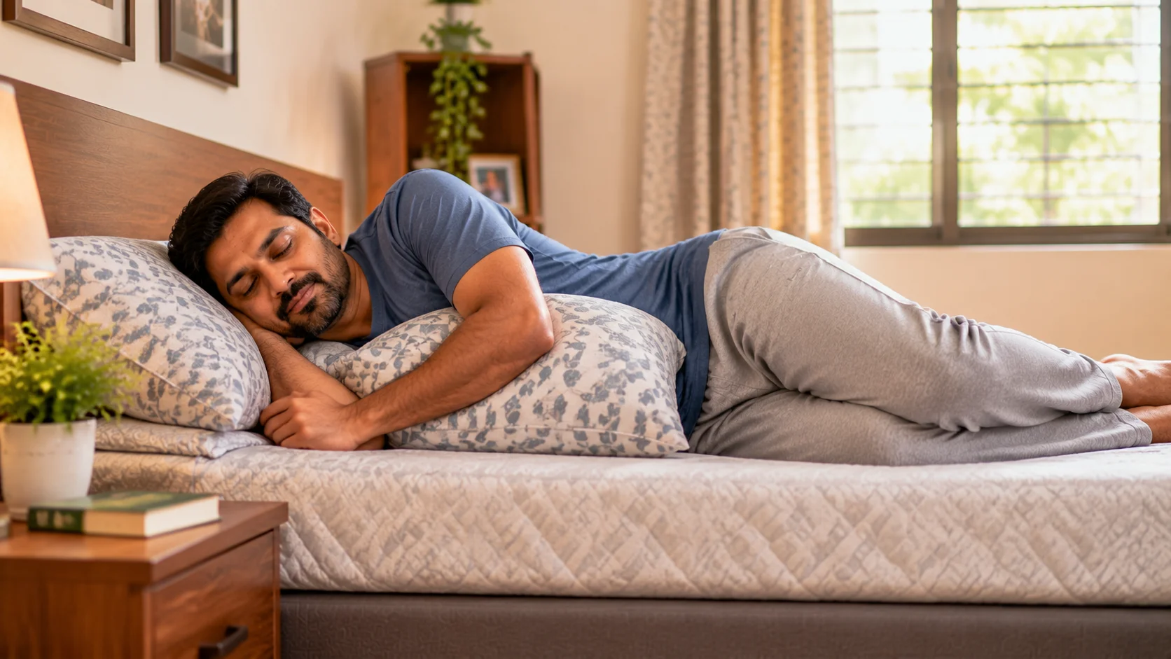 Side sleeper using a supportive pillow for comfortable positioning on an adjustable bed.