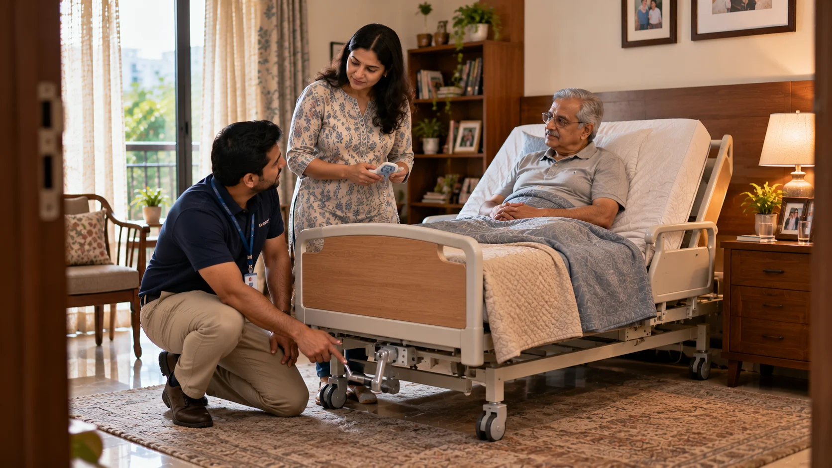 Types of hospital beds for home use, with a caregiver demonstrating adjustable bed controls to an older patient.