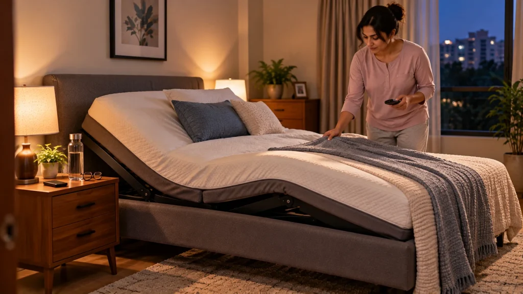 Woman adjusting an elevated adjustable bed for sleeping with back spasms