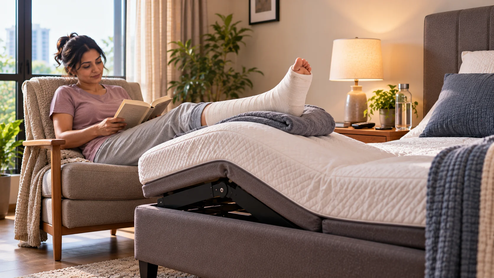 Woman elevating her casted leg on an adjustable bed for ankle injury recovery