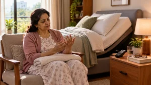 Woman examining her hands beside an elevated adjustable bed for rheumatoid arthritis and morning stiffness support