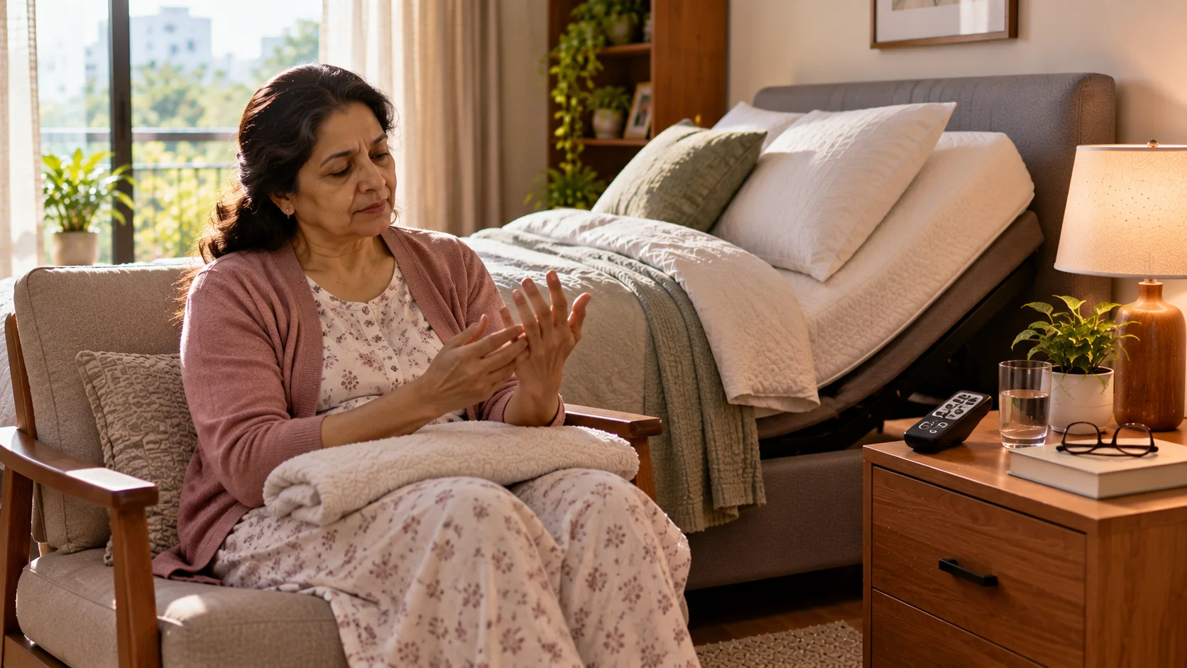 Woman examining her hands beside an elevated adjustable bed for rheumatoid arthritis and morning stiffness support