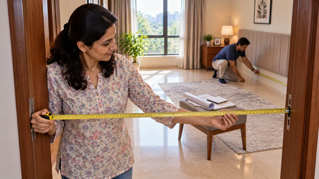 Woman measuring a doorway before buying an adjustable bed