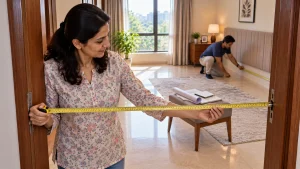 Woman measuring a doorway before buying an adjustable bed
