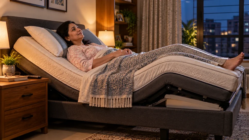 Woman relaxing in a zero-gravity position on an adjustable bed.