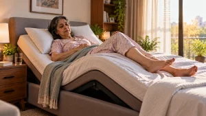 Woman resting on an adjustable bed with elevated knees for knee osteoarthritis pain and stiffness support