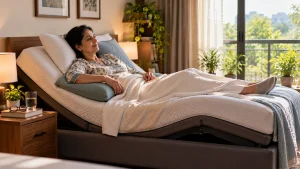 Woman resting on an adjustable bed with elevated legs for kidney disease-related swelling and fatigue