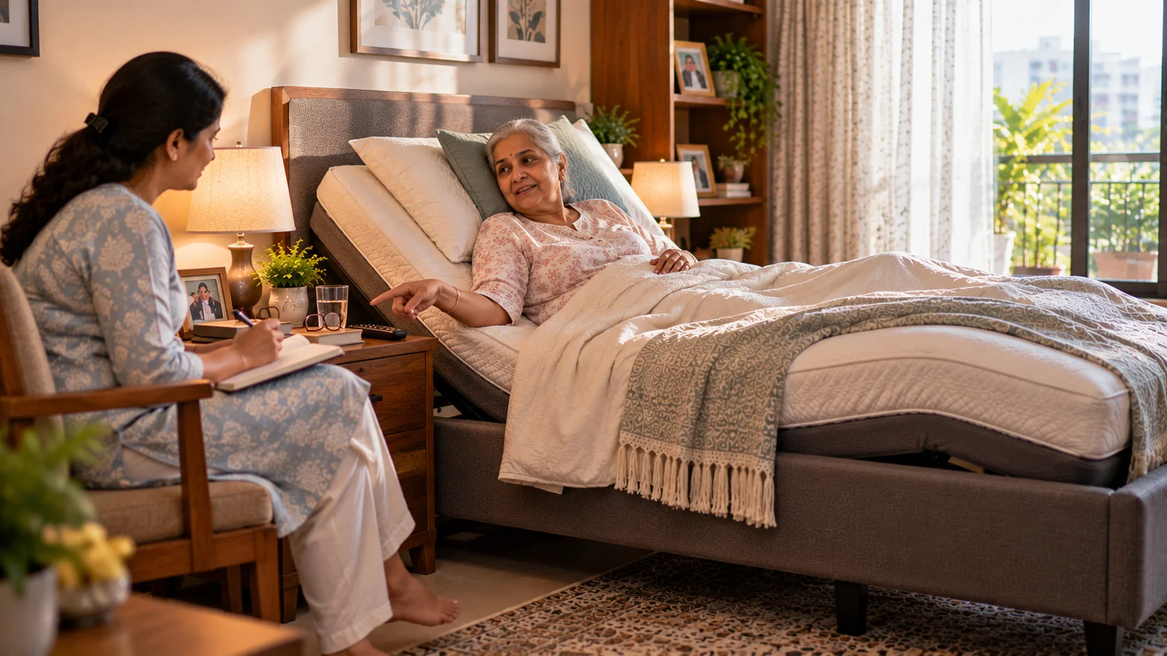 Woman resting upright on an adjustable bed for breathlessness when lying flat.