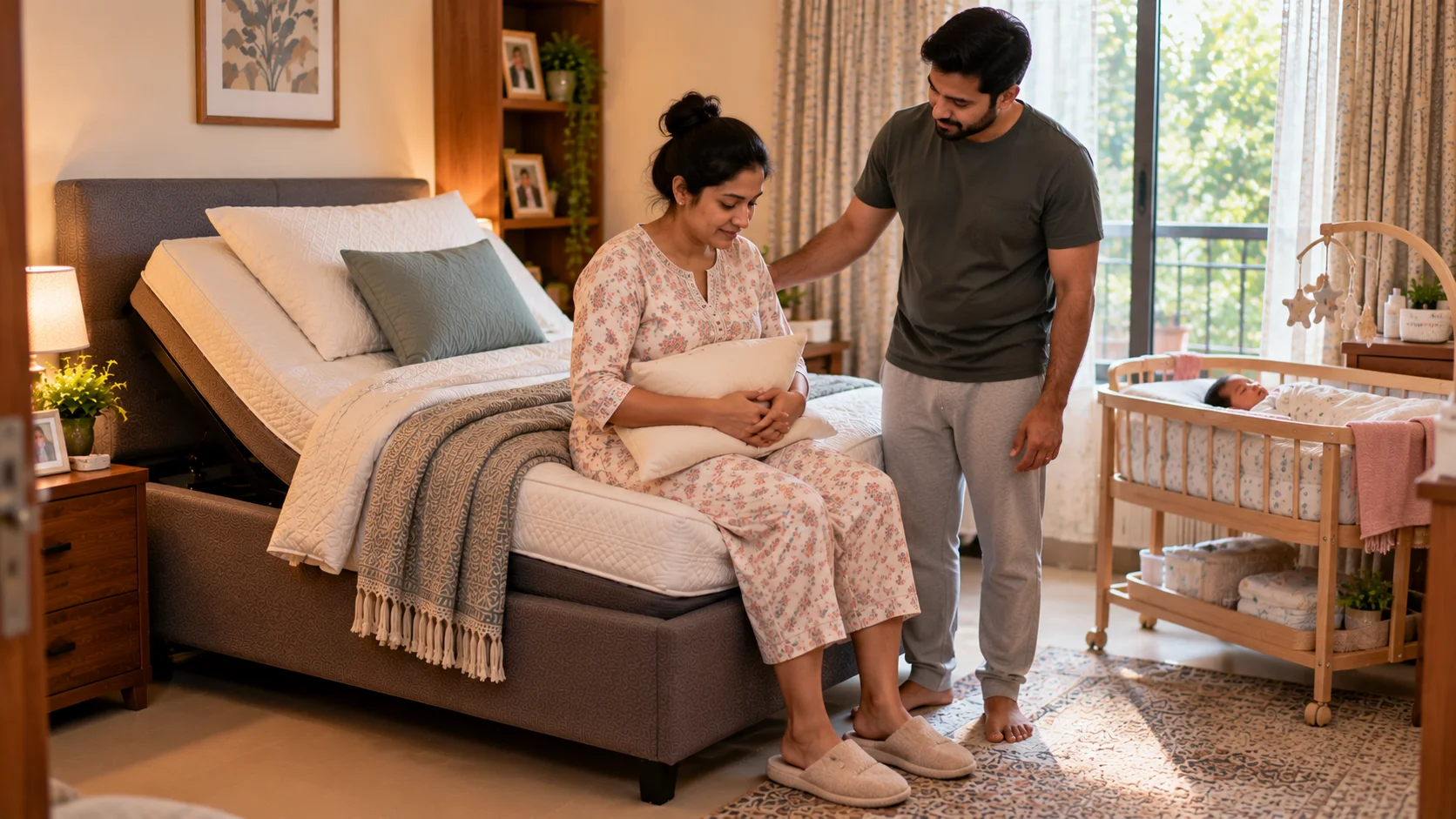 Woman sitting on an adjustable bed with abdominal pillow support after a C-section.