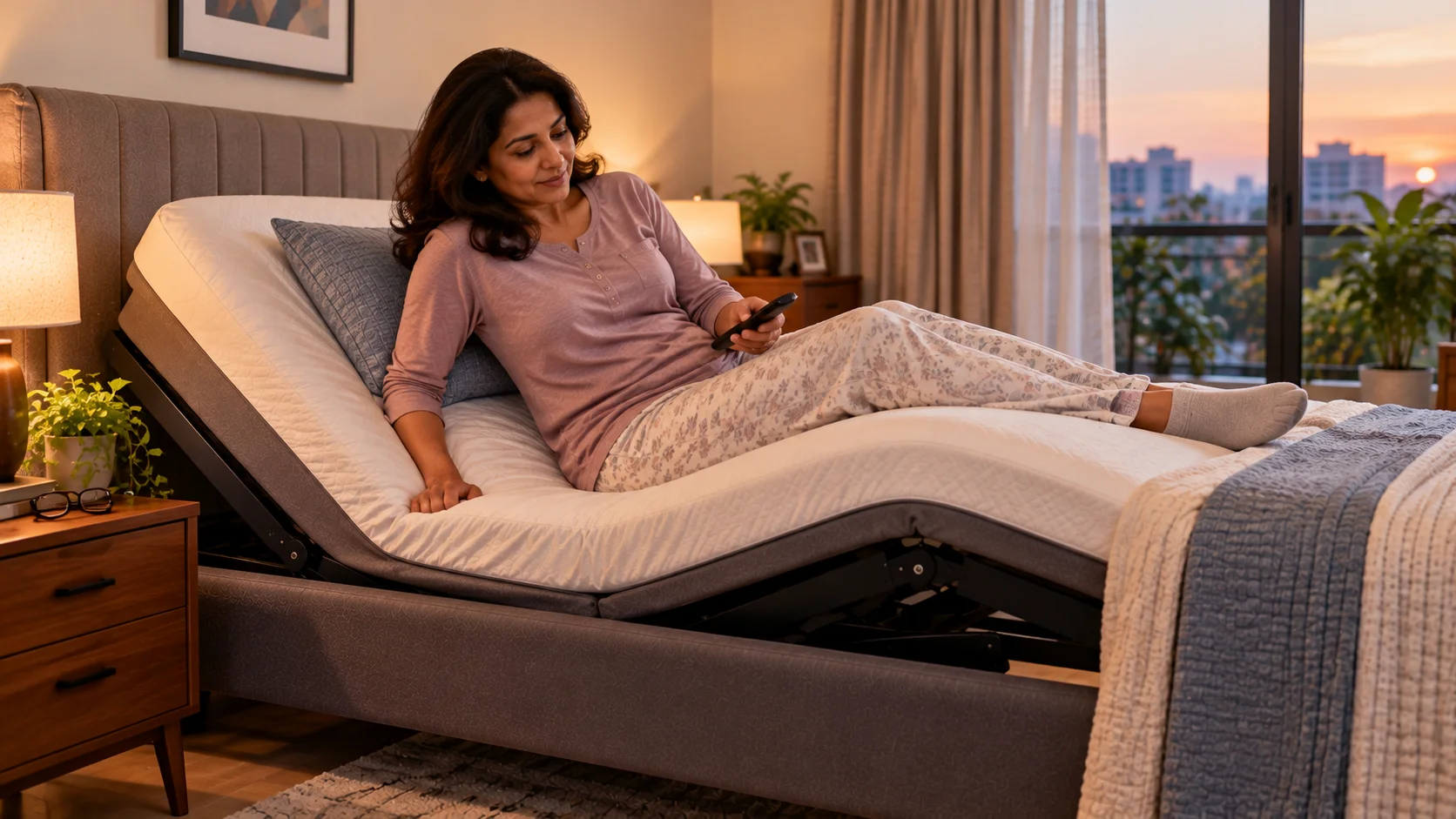 Woman using an adjustable bed for comfortable sleeping with hip pain and bursitis