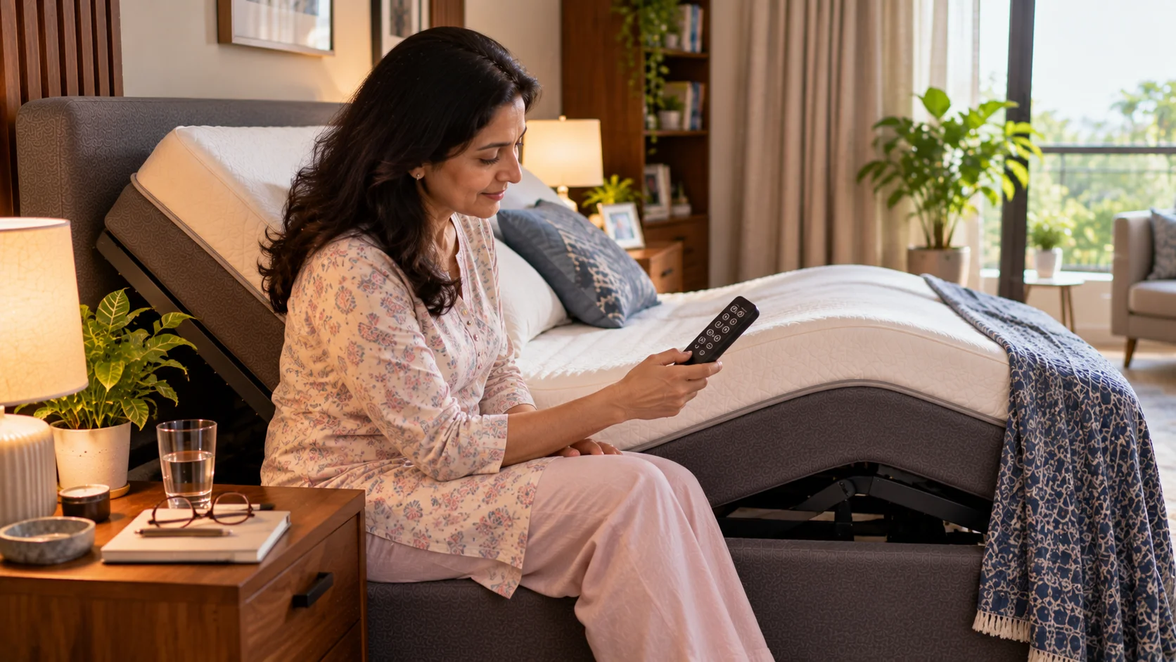 Woman using an adjustable bed remote to adjust bed positions and presets.