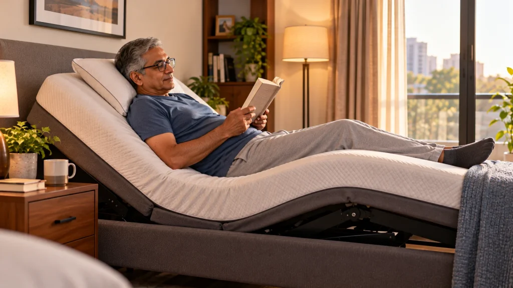 an relaxing on an adjustable bed with a raised back for kyphosis support